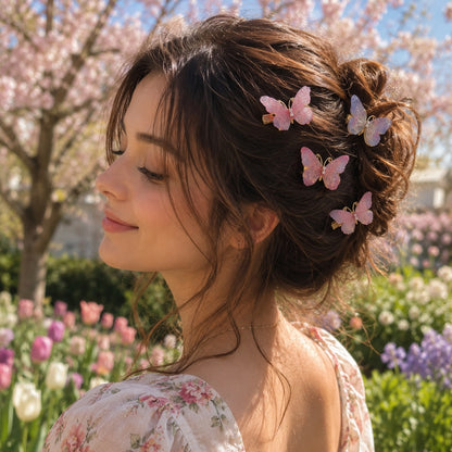 une femme brune porte dans ses cheveux relevés des barrettes à cheveux dorées en forme de papillons dont les ailes sont en tissu coloré. la femme se trouve dans un jardin fleuri, le ciel est bleu et ensoleillé.