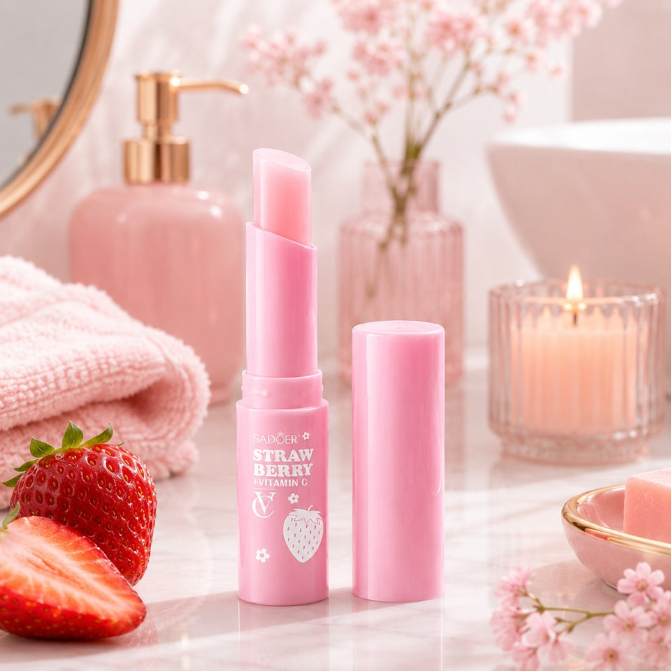Baume à lèvres à la fraise et vitamine C SADOER, hydratant et nourrissant, présenté dans un joli décor de salle de bain rose avec fraises fraîches.