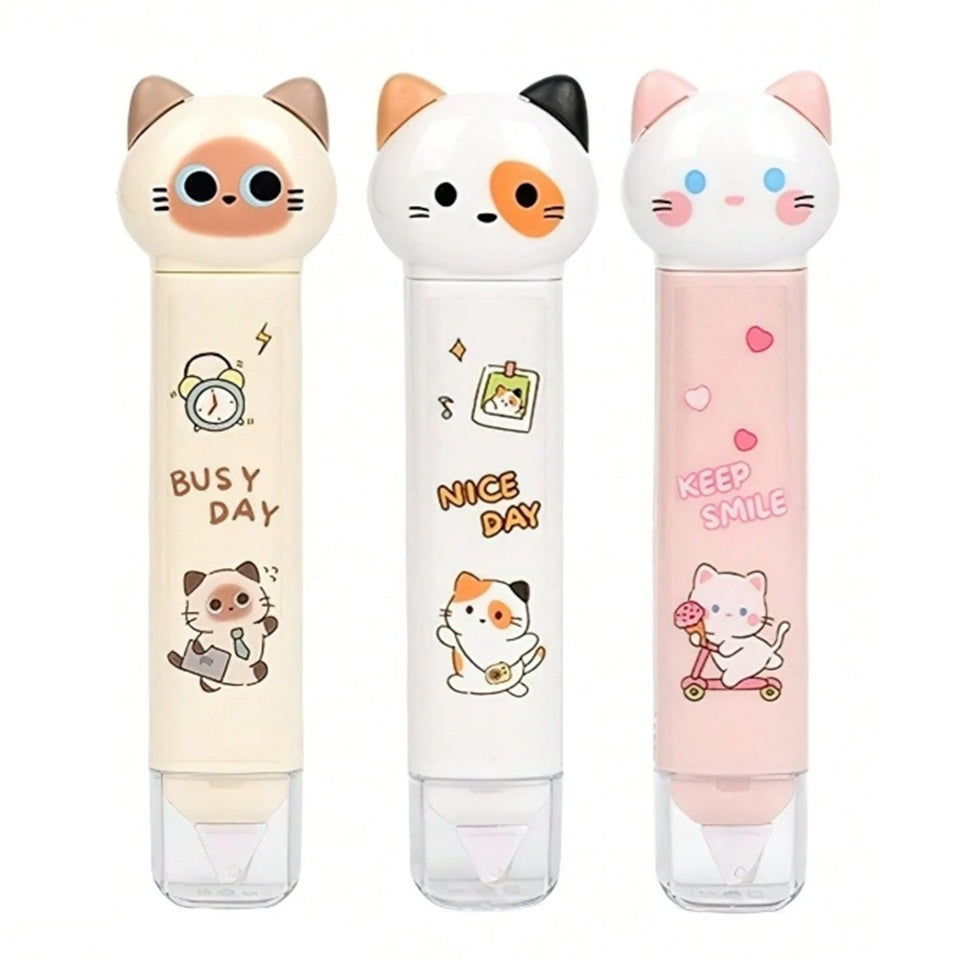 un outil de papeterie qui combine ruban correcteur et colle dans un design en forme de chat ultra mignon.