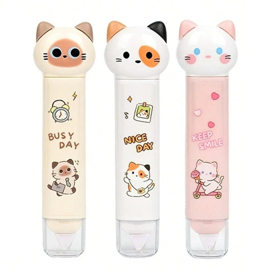 un outil de papeterie qui combine ruban correcteur et colle dans un design en forme de chat ultra mignon.