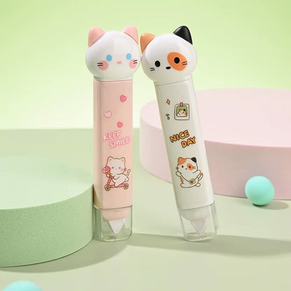 un outil de papeterie qui combine ruban correcteur et colle dans un design en forme de chat ultra mignon.