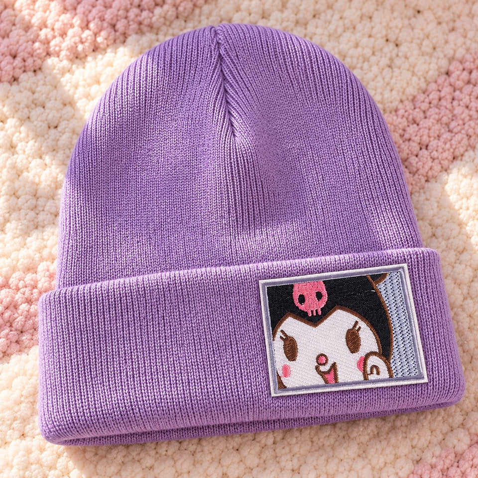 Bonnet violet lavande en maille côtelée douce, avec revers et broderie Kuromi sur le devant. Présenté sur un tapis moelleux rose et crème, ce bonnet kawaii Sanrio est idéal pour garder la tête au chaud avec une touche mignonne et originale.