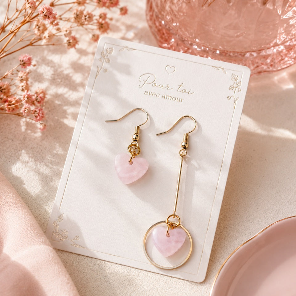 Boucles d'oreilles asymétriques dorées avec cœurs roses nacrés, présentées sur une carte à bijoux élégante dans un décor pastel romantique, idéal pour une boutique de bijoux fantaisie kawaii.