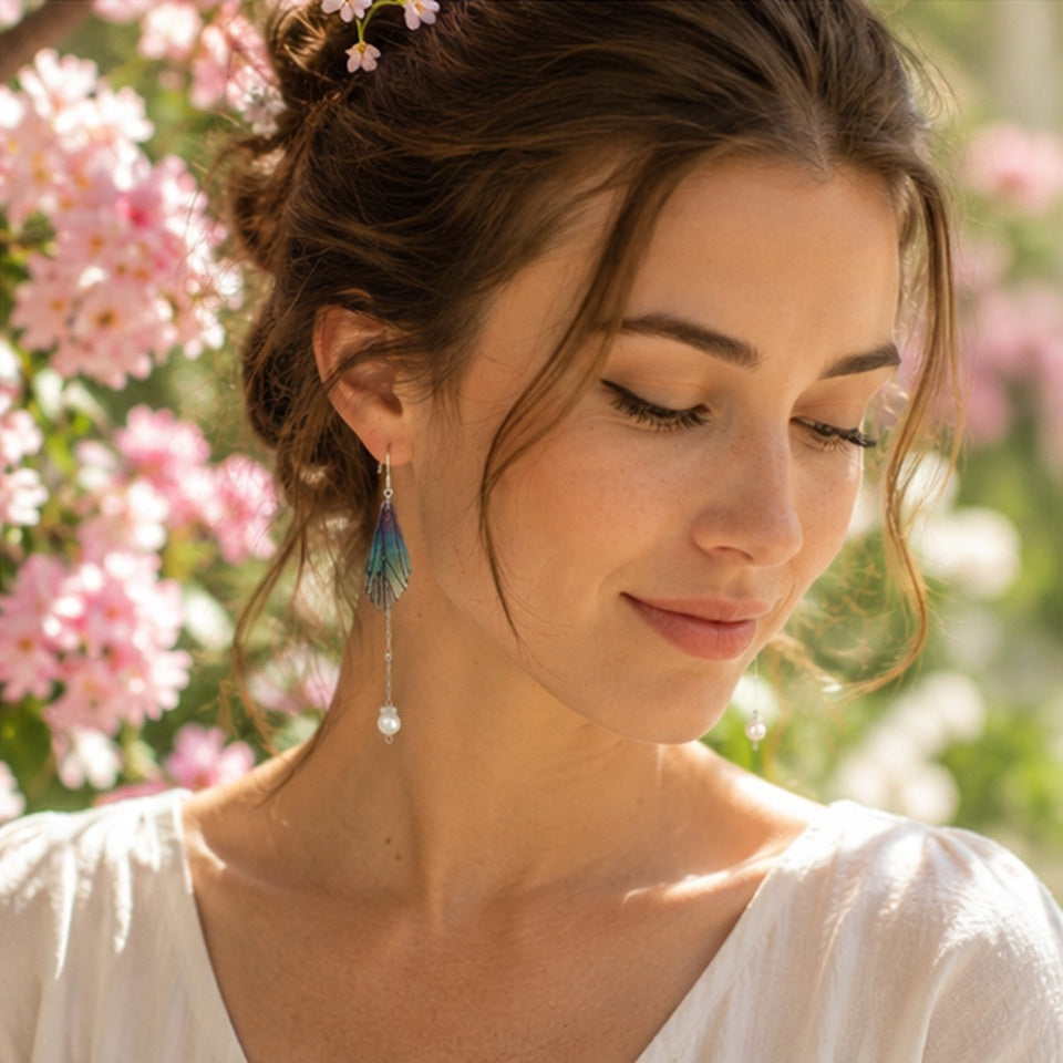 Jeune femme portant des boucles d'oreilles pendantes en forme d'aile de papillon bleu-vert avec perle blanche, entourée de fleurs roses dans une ambiance romantique et printanière.
