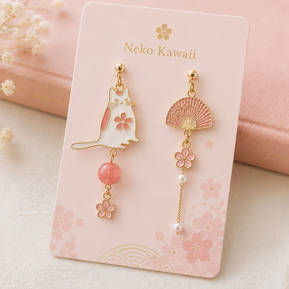 Boucles d'oreilles chat et éventails