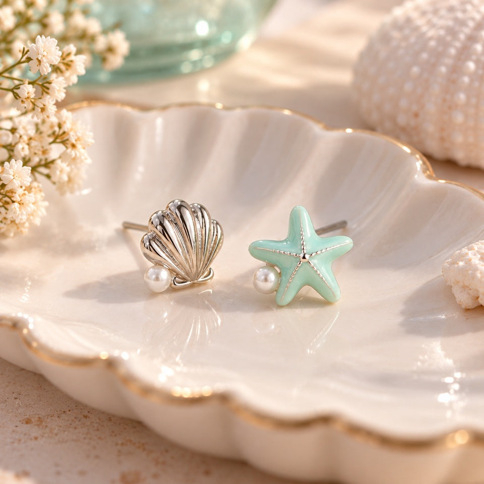 Boucles d’oreilles asymétriques étoile de mer vert pastel et coquillage argenté avec perles, présentées dans un élégant décor estival inspiré de la mer.