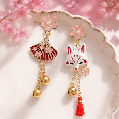 Boucles d'oreilles kitsune asymétriques – renard et éventail rouge blanc style japonais