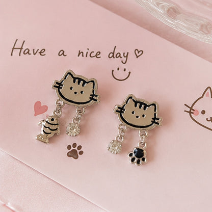 Boucles d’oreilles kawaii chat argenté avec breloques poisson et patte, strass brillant 🐱