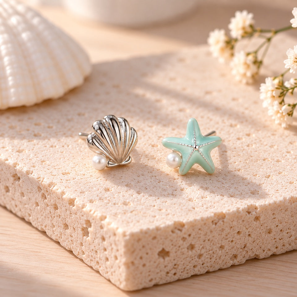 Boucles d’oreilles asymétriques étoile de mer vert pastel et coquillage argenté avec perles, présentées dans un décor estival épuré inspiré de l’océan.