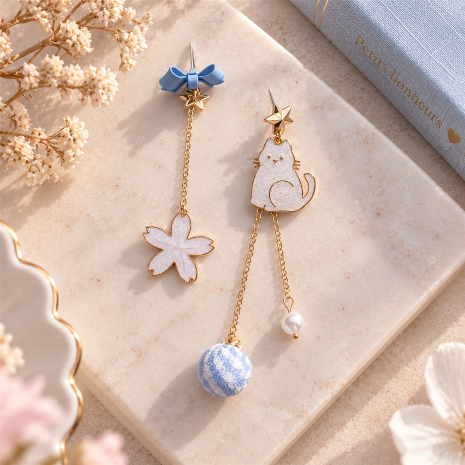 Boucles d’oreilles asymétriques kawaii avec chat blanc, nœud bleu, fleur blanche et chaînes dorées, présentées à plat sur un fond élégant et fleuri.