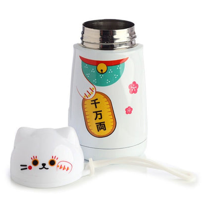 bouteille isotherme au design maneki neko. Elle garde vos boissons chaudes et fraiches pendant plusieurs heures. design mignon kawaii