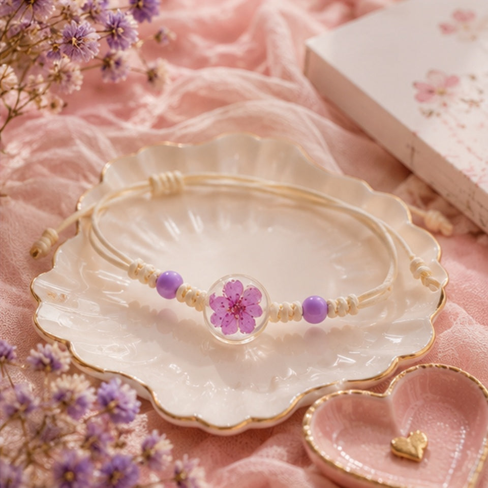Bracelet en corde beige avec perles violettes et cabochon transparent renfermant une fleur de prunier séchée mauve. Il est disposé sur une assiette nacrée au milieu d'un décor romantique composé de fleurs violettes, d'un tissu rose vaporeux, d'un petit vide-poche en forme de cœur et d'un carnet fleuri, créant une atmosphère délicate et raffinée.