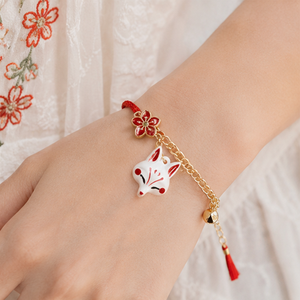 Bracelet kitsune fleur de sakura – bijou japonais avec clochette et pompon