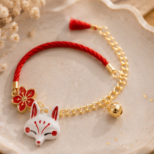 Bracelet kitsune doré et rouge – breloque renard sakura et clochette style japonais