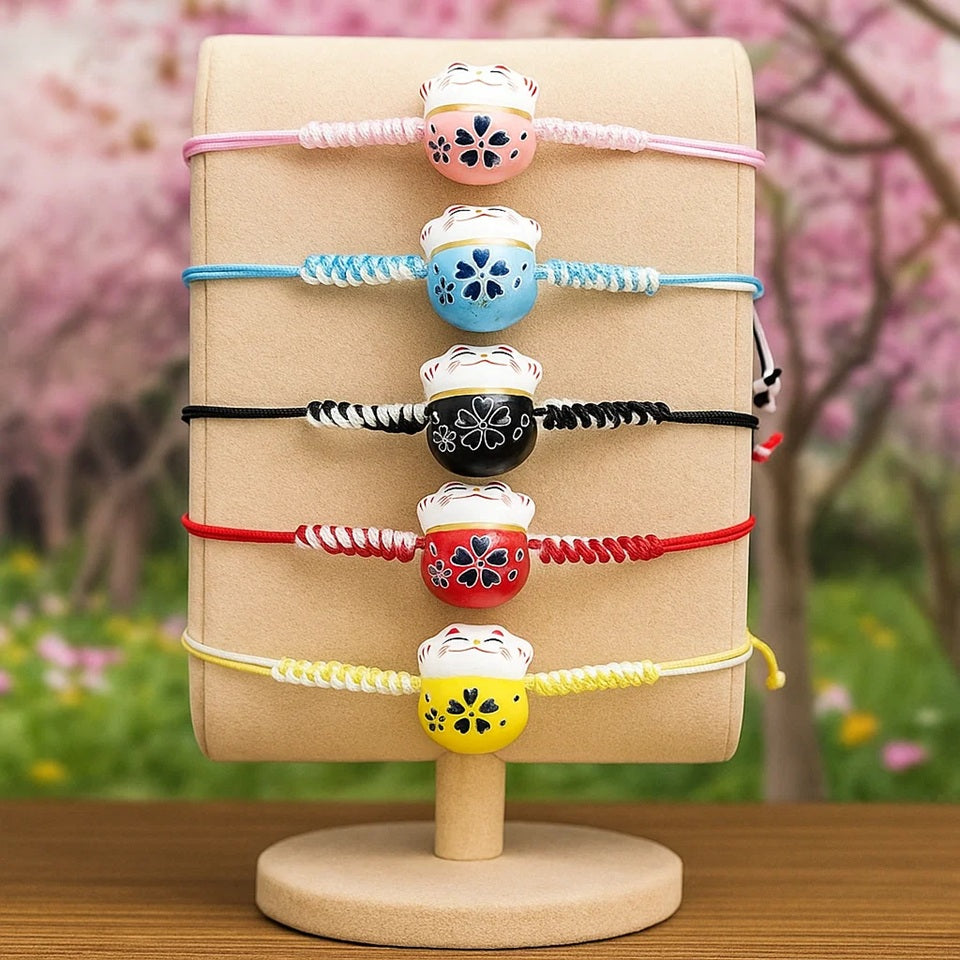 un bracelet en tissu en forme d'un maneki neko coloré. Symbole de chance, de bonne fortune, il est inspiré du style japonais