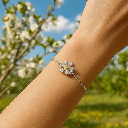 bracelet  fleur cosmos argenté coeur jaune, style printanier, floral, romantique, bijou élégant