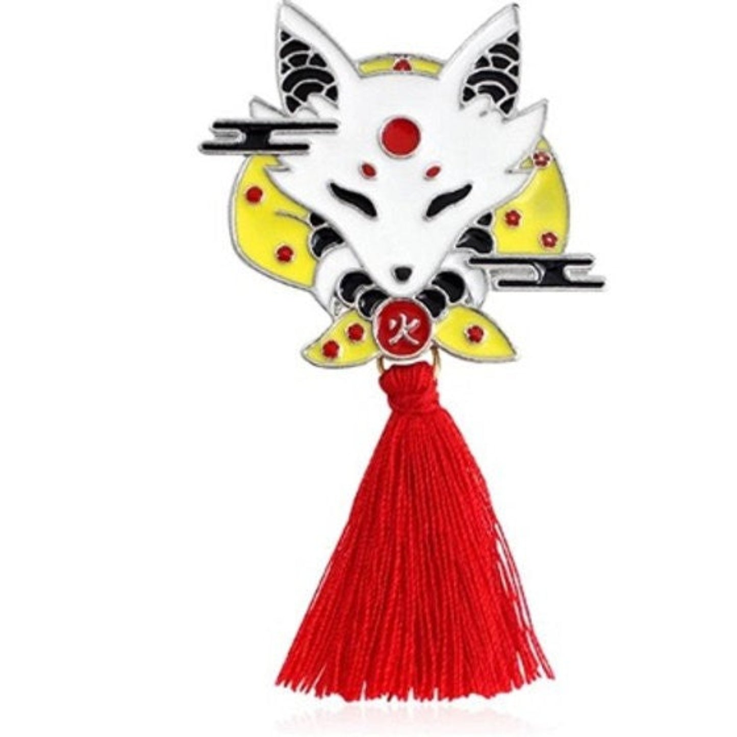 Broche renard japonais et son pompon rouge