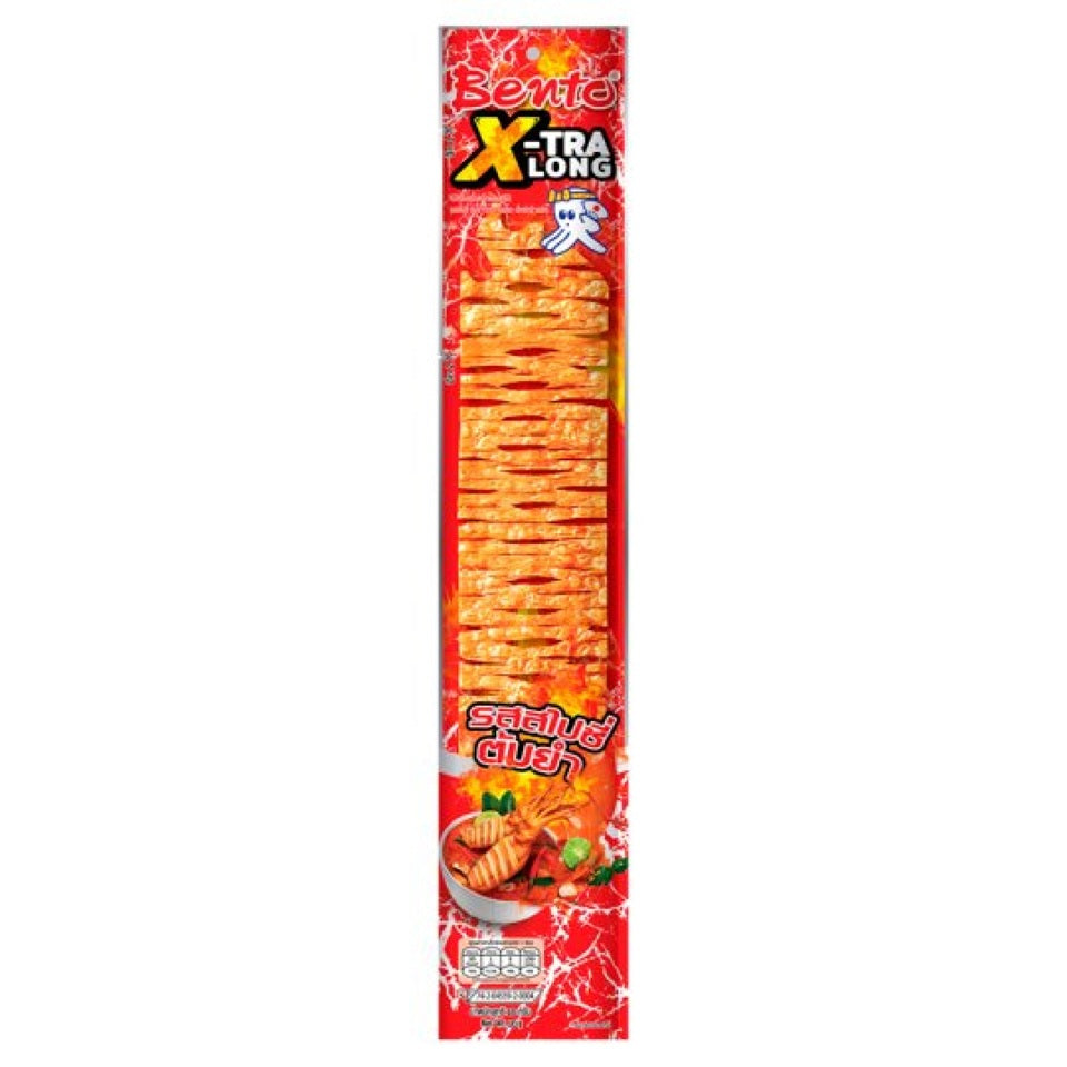 un long snack bien épicé au goût de calamar et de fruits de mer. Délicieux et piquant, il est extra long pour encore plus de plaisir. Idéal à partager !