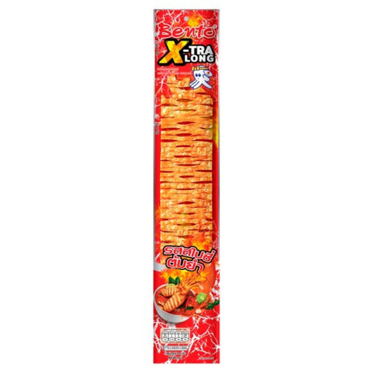 un long snack bien épicé au goût de calamar et de fruits de mer. Délicieux et piquant, il est extra long pour encore plus de plaisir. Idéal à partager !