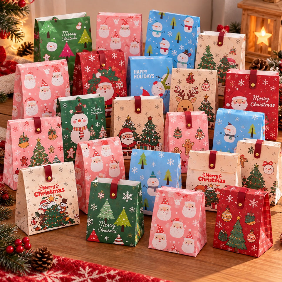 Ensemble de 24 sachets de calendrier de l’Avent aux motifs de Noël colorés, avec Père Noël, bonhommes de neige, sapins et décorations festives.