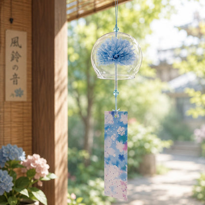 un carillon japonais suspendu sur une terrasse en bois baignée de lumière naturelle. La clochette en verre transparent renferme une fleur bleue délicate, tandis qu'une élégante étiquette aux motifs floraux dans des tons bleus, roses et blancs pend sous le carillon. En arrière-plan, un jardin verdoyant et une maison de style japonais apparaissent dans un flou artistique, avec quelques hortensias au premier plan qui renforcent l'atmosphère paisible et raffinée.