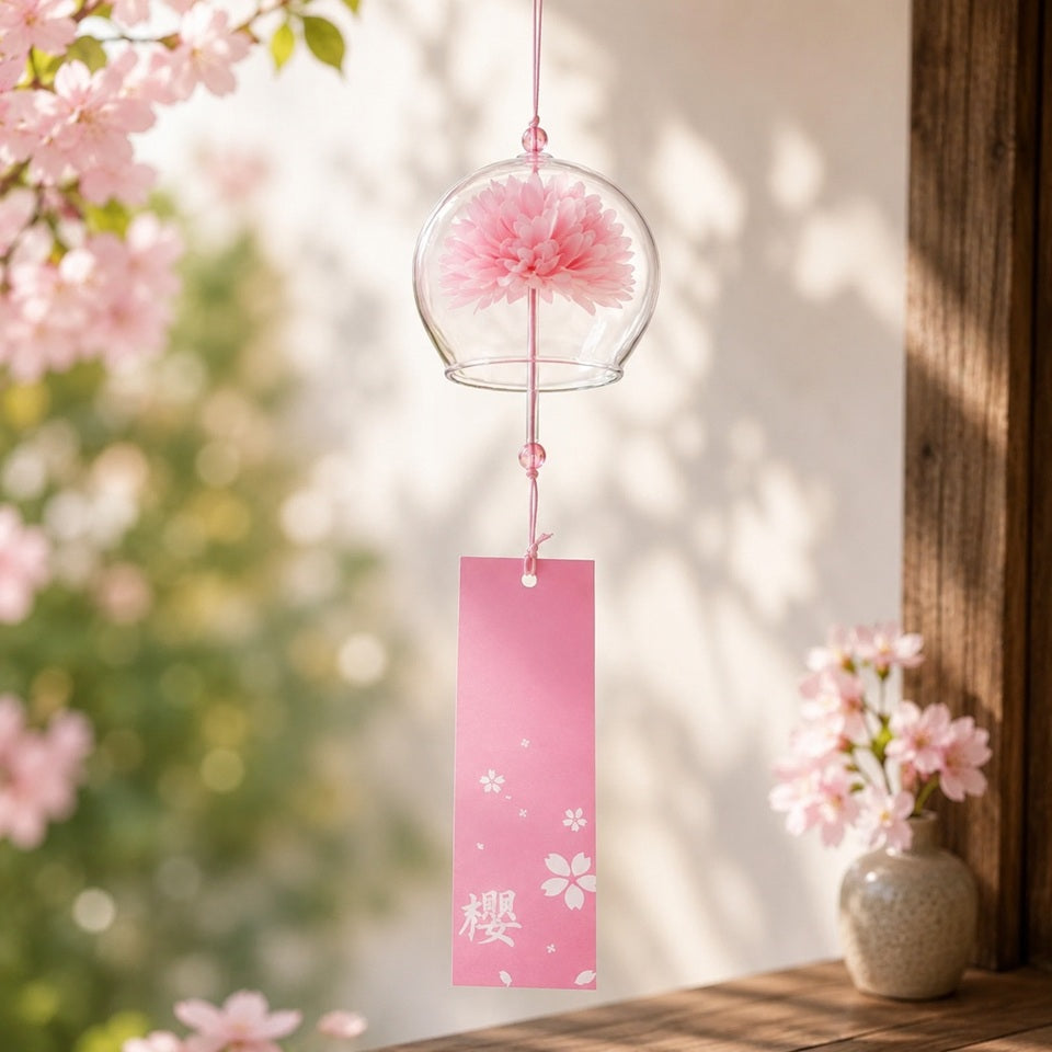 Carillon à vent en verre transparent suspendu devant une fenêtre baignée de lumière. Une fleur rose délicate est enfermée dans la cloche en verre, tandis qu'une élégante étiquette rose décorée de fleurs de cerisier est suspendue en dessous. Des branches de sakura en fleurs et un petit vase de fleurs roses complètent cette ambiance japonaise douce et printanière.