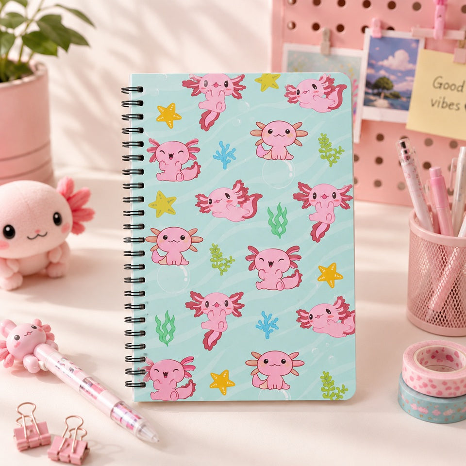 Carnet à spirales kawaii bleu pastel décoré d’axolotls roses, présenté sur un bureau avec papeterie et accessoires kawaii roses.