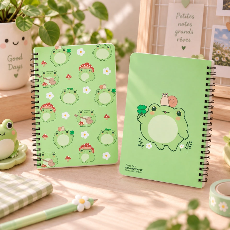 Deux carnets à spirales verts décorés d’adorables grenouilles kawaii, champignons, fleurs et trèfles, présentés sur un bureau dans un décor de papeterie pastel.