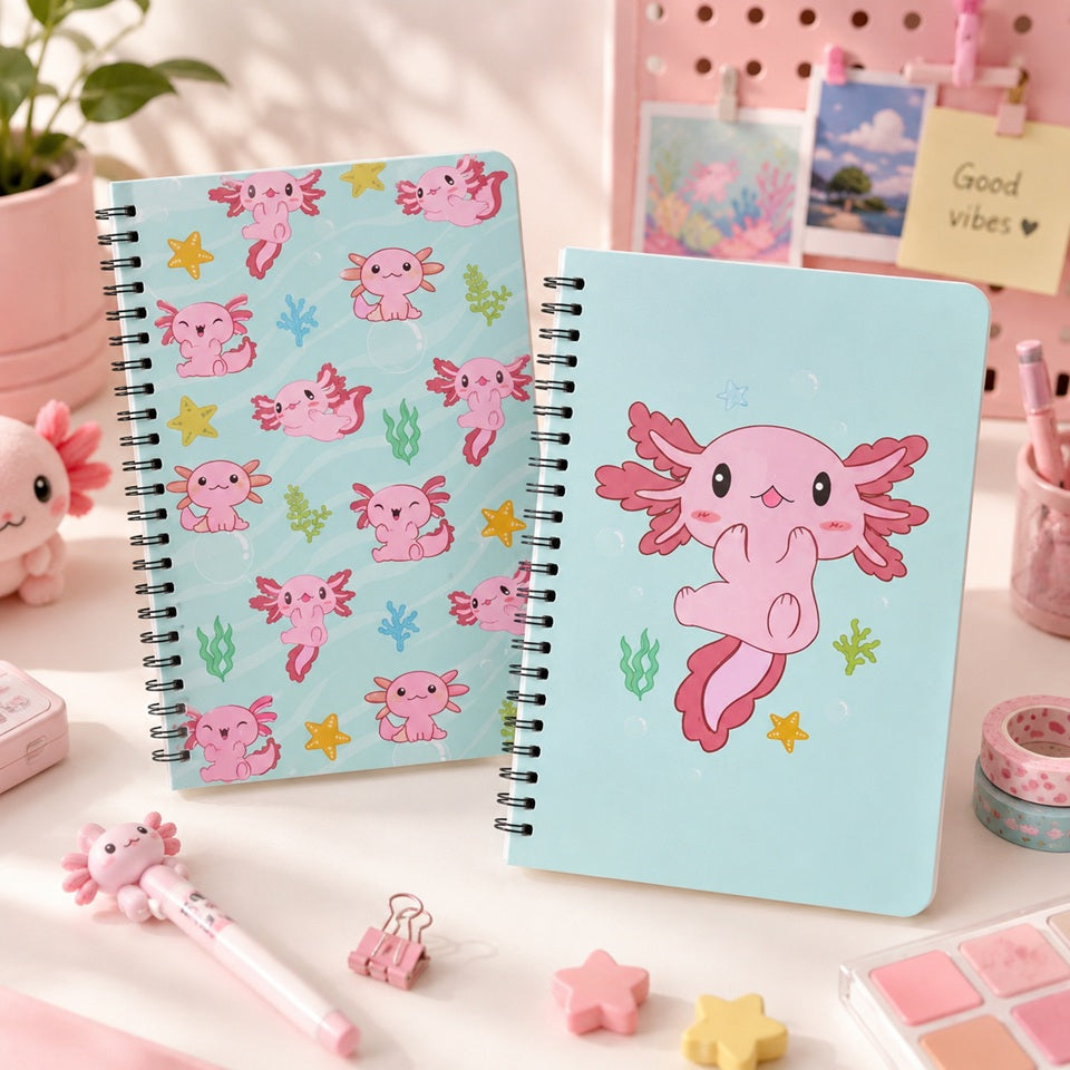 Deux carnets spirales kawaii axolotl roses sur fond bleu pastel, présentés dans un décor de bureau mignon avec papeterie rose et accessoires kawaii.