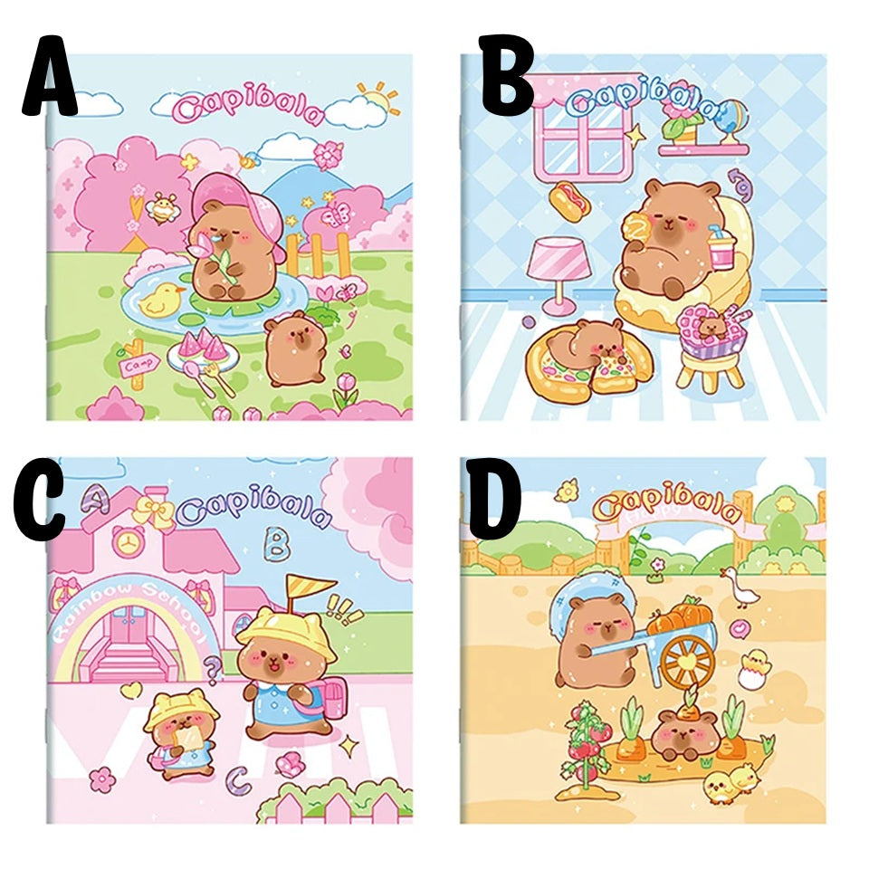 des jolis carnets tous colorés représentant d'adorables capybaras dans différentes situations : ils vont à l'école, s'occupent du potager, se reposent dans le jardin ou dégustent de délicieuses gourmandises.