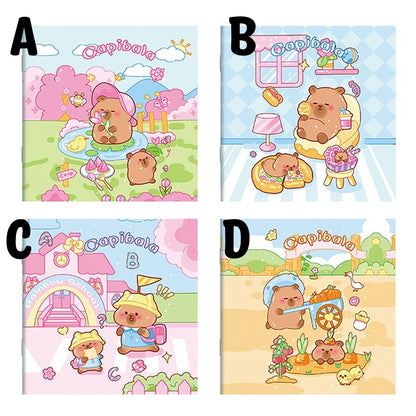 des jolis carnets tous colorés représentant d'adorables capybaras dans différentes situations : ils vont à l'école, s'occupent du potager, se reposent dans le jardin ou dégustent de délicieuses gourmandises.