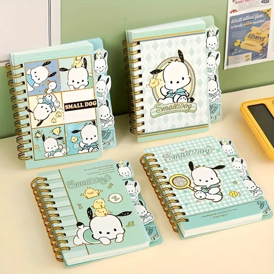 des carnets de couleur verte inspirés du personnage de Sanrio : Pochacco le petit chien Retrouvez-le dans différentes illustrations mignonnes. A l'intérieur des carnets, on trouve des intercalaires pour optimiser ses notes.