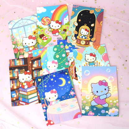 Des jolies cartes postales Hello Kitty pour envoyer vos plus beaux messages. Illustrations trop mignonnes de Hello Kitty dans des scènes colorées et remplies de tendresse.