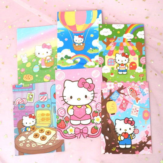 Des jolies cartes postales Hello Kitty pour envoyer vos plus beaux messages. Illustrations trop mignonnes de Hello Kitty dans des scènes colorées et remplies de tendresse.