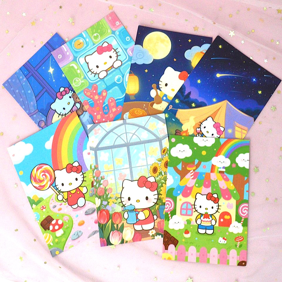 Des jolies cartes postales Hello Kitty pour envoyer vos plus beaux messages. Illustrations trop mignonnes de Hello Kitty dans des scènes colorées et remplies de tendresse.