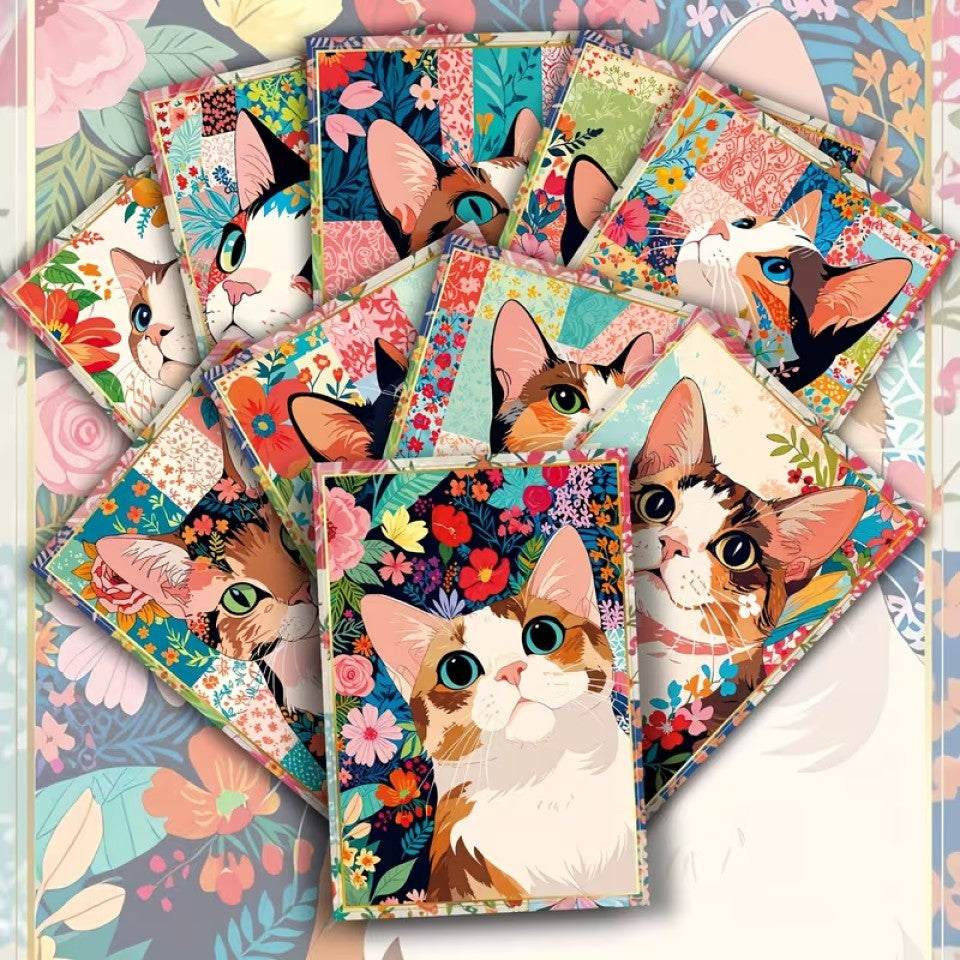 des cartes postales illustrées de chat malicieux et mignons dans un décor floral coloré. L'ensemble est poétique et rempli de tendresse.