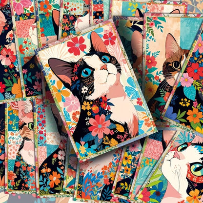 des cartes postales illustrées de chat malicieux et mignons dans un décor floral coloré. L'ensemble est poétique et rempli de tendresse.