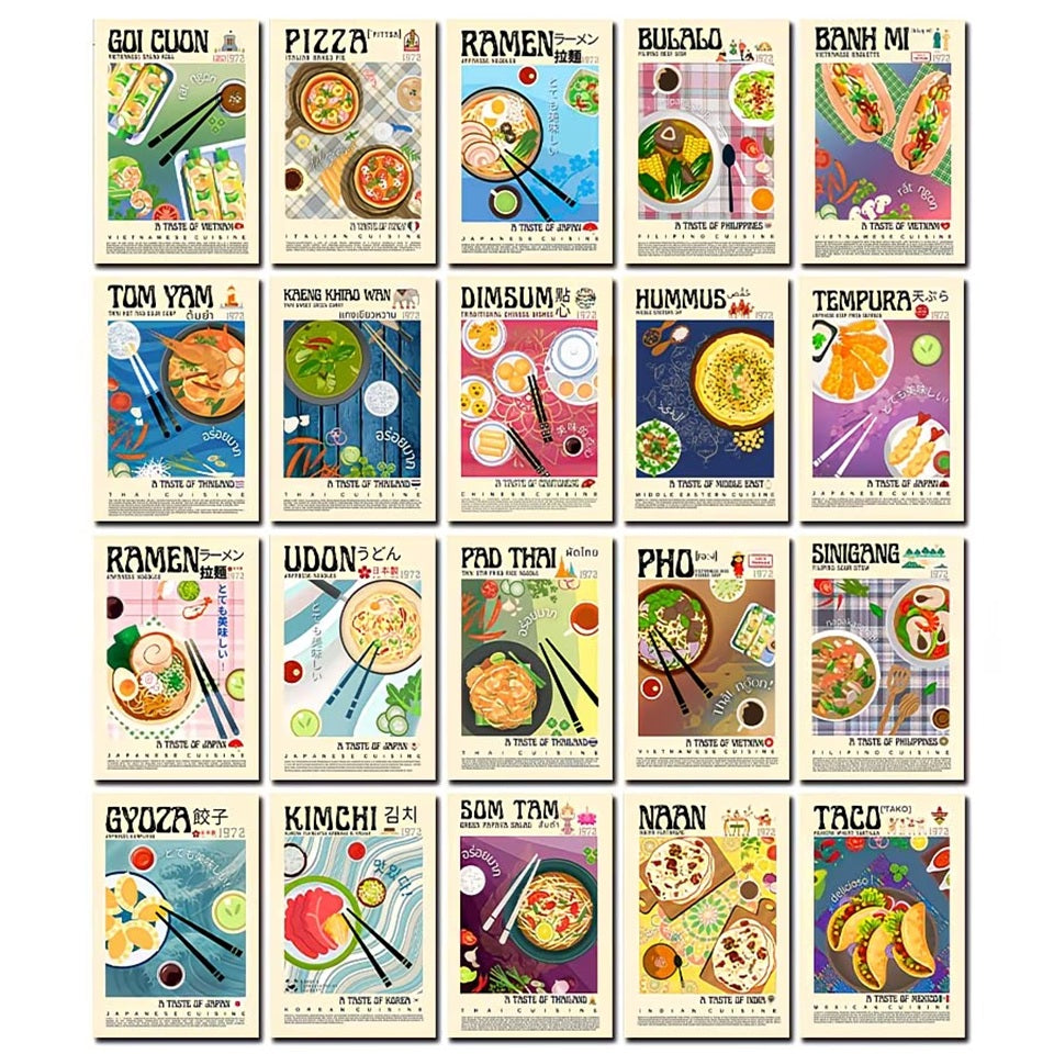 des cartes postales représentant des plats asiatiques sous forme de peinture tel un joli tableau. Idéales à collectionner.