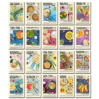 des cartes postales représentant des plats asiatiques sous forme de peinture tel un joli tableau. Idéales à collectionner.