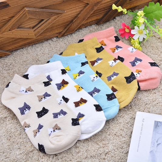 des chaussettes toutes douces et colorées : bleu, rose, blanc, beige et jaune moutarde au design de têtes de chat multicolores et trop mignons 