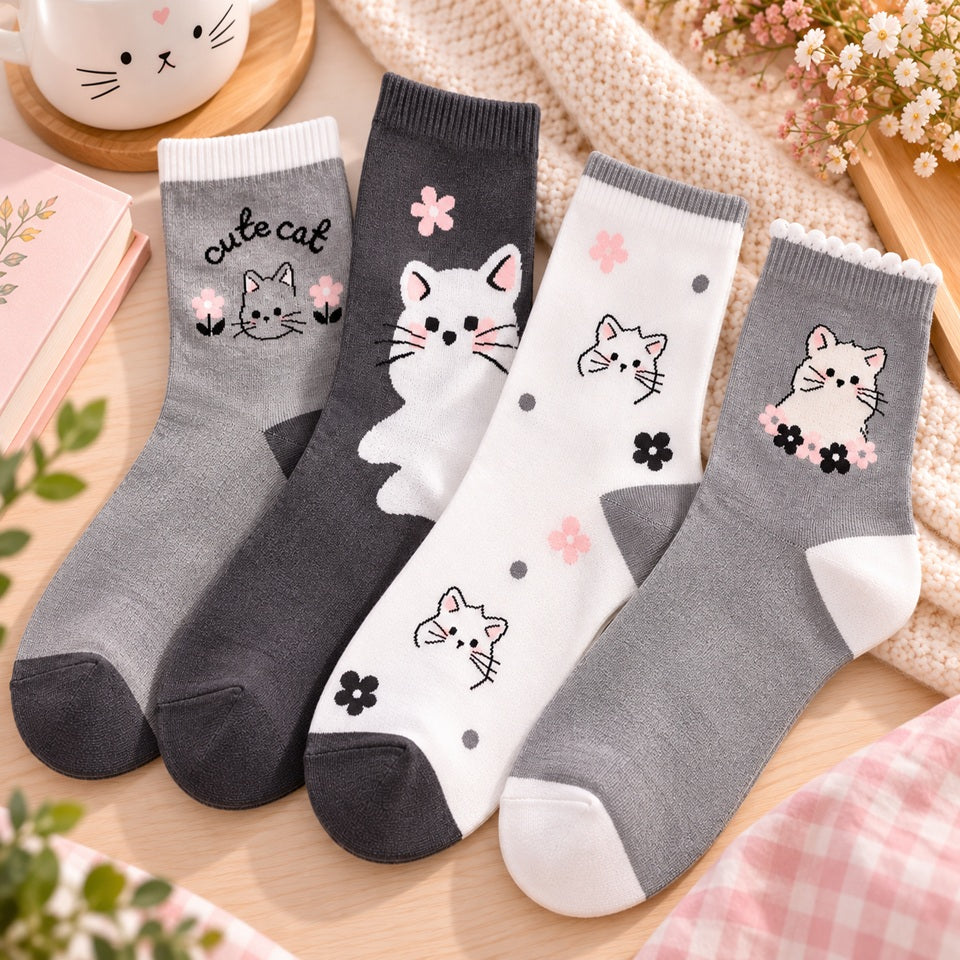 Chaussettes kawaii pour adulte grises et blanches décorées de petits chats et de fleurs, présentées dans un décor doux et chaleureux aux tons pastel.