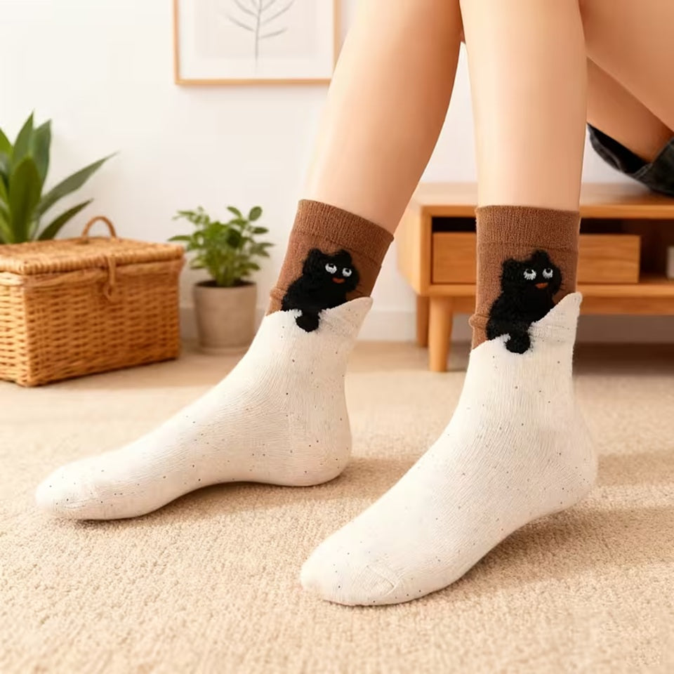 des chaussettes toutes douces représentant un chat posé sur une doublure cousue, comme s'il s'était endormi dessus. Cela crée un joli contraste adorable et original.