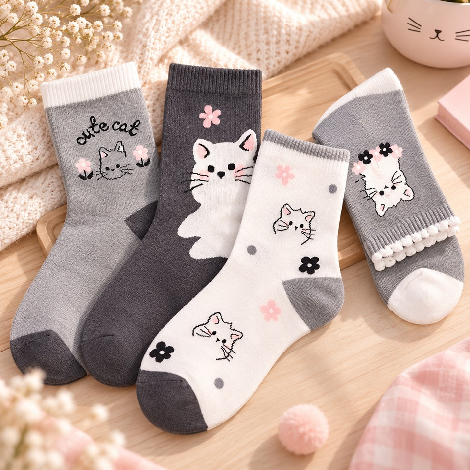 Chaussettes kawaii grises et blanches décorées de chats, petites fleurs et pois, présentées dans un décor doux et chaleureux aux tons pastel