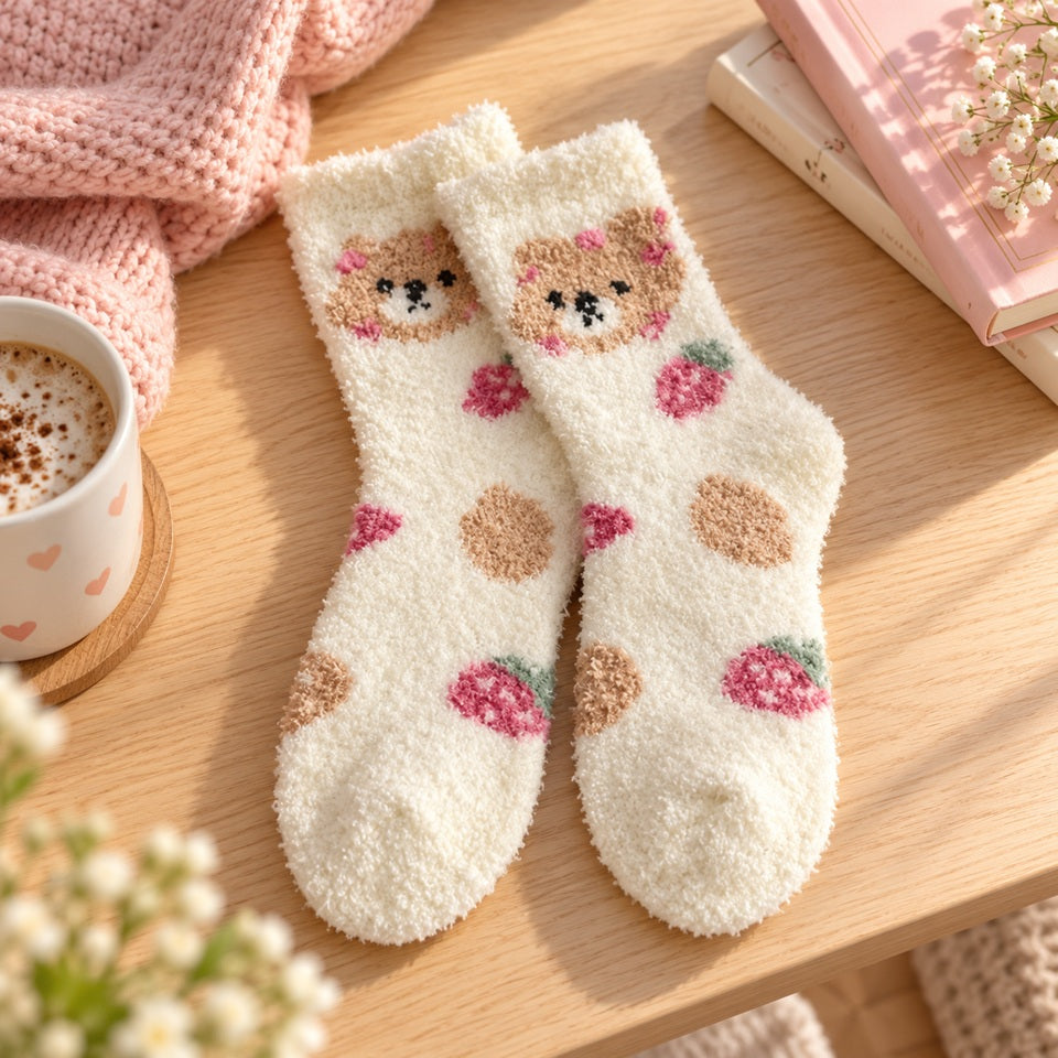 Chaussettes pilou pilou kawaii écrues, ultra douces et moelleuses, décorées d'adorables oursons, de fraises roses et de pois beiges. Présentées sur une table en bois clair dans une ambiance cocooning avec plaid rose et tasse de chocolat chaud. Idéales pour garder les pieds au chaud avec une touche mignonne et gourmande.