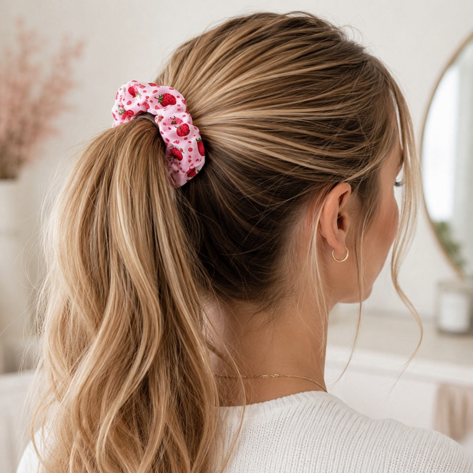 Vue de dos d'une femme aux cheveux blonds attachés en queue de cheval, portant un chouchou rose à motif de fraises. La coiffure est mise en valeur dans un intérieur lumineux et épuré, avec une ambiance douce et élégante.