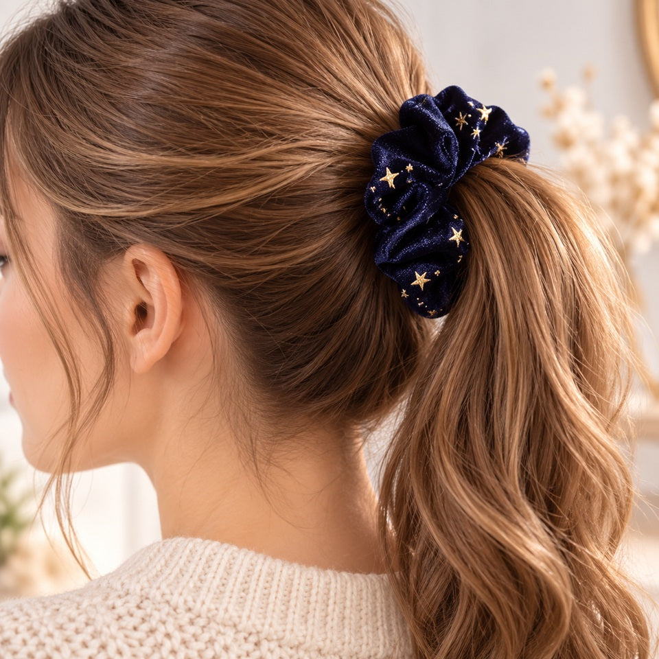 Chouchou fin en velours bleu nuit avec étoiles dorées, porté sur une queue de cheval pour une coiffure élégante et féminine.