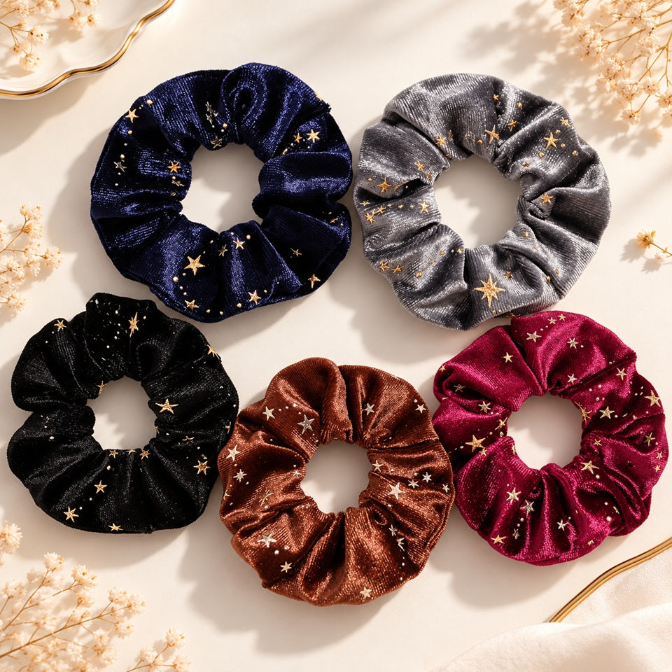 Chouchous en velours avec étoiles dorées, déclinés en bleu nuit, gris, noir, marron et bordeaux, présentés dans un décor élégant et épuré.