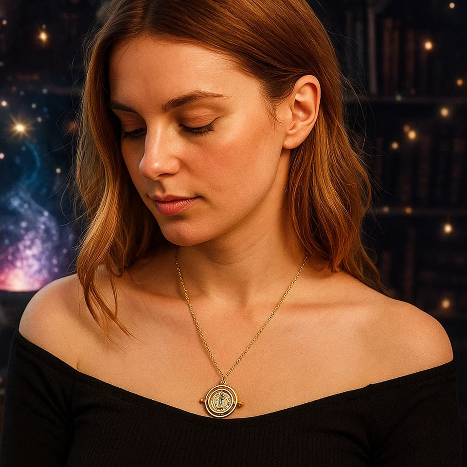un collier doré reprenant la forme et le design du fameux retourneur de temps, le collier d'Hermione dans Harry Potter. Il y a un sabler, des anneaux rotatifs.