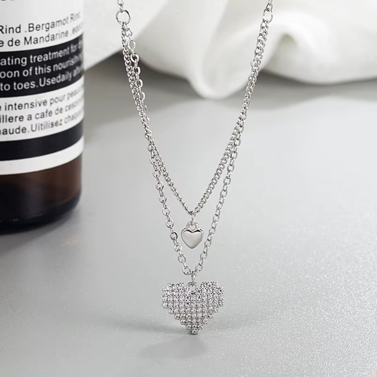 Collier double chaine coeur strass