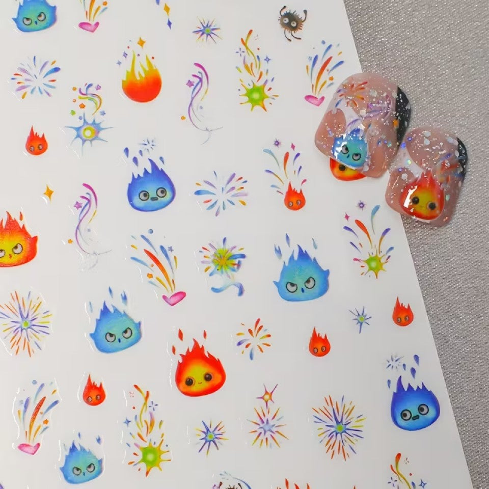 des stickers pour un nail art explosif, coloré et mignon. Avec un design Calcifer, ils ajoutent une touche de magie. Pratiques et faciles à utiliser, ils rappellent le film du Studio Ghibli.